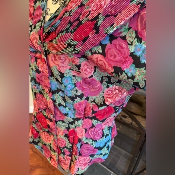 Eva Laurel Vintage Blouse Punk Floral Button Front Pleated Wide Draped Collar 14 - Picture 4 of 6